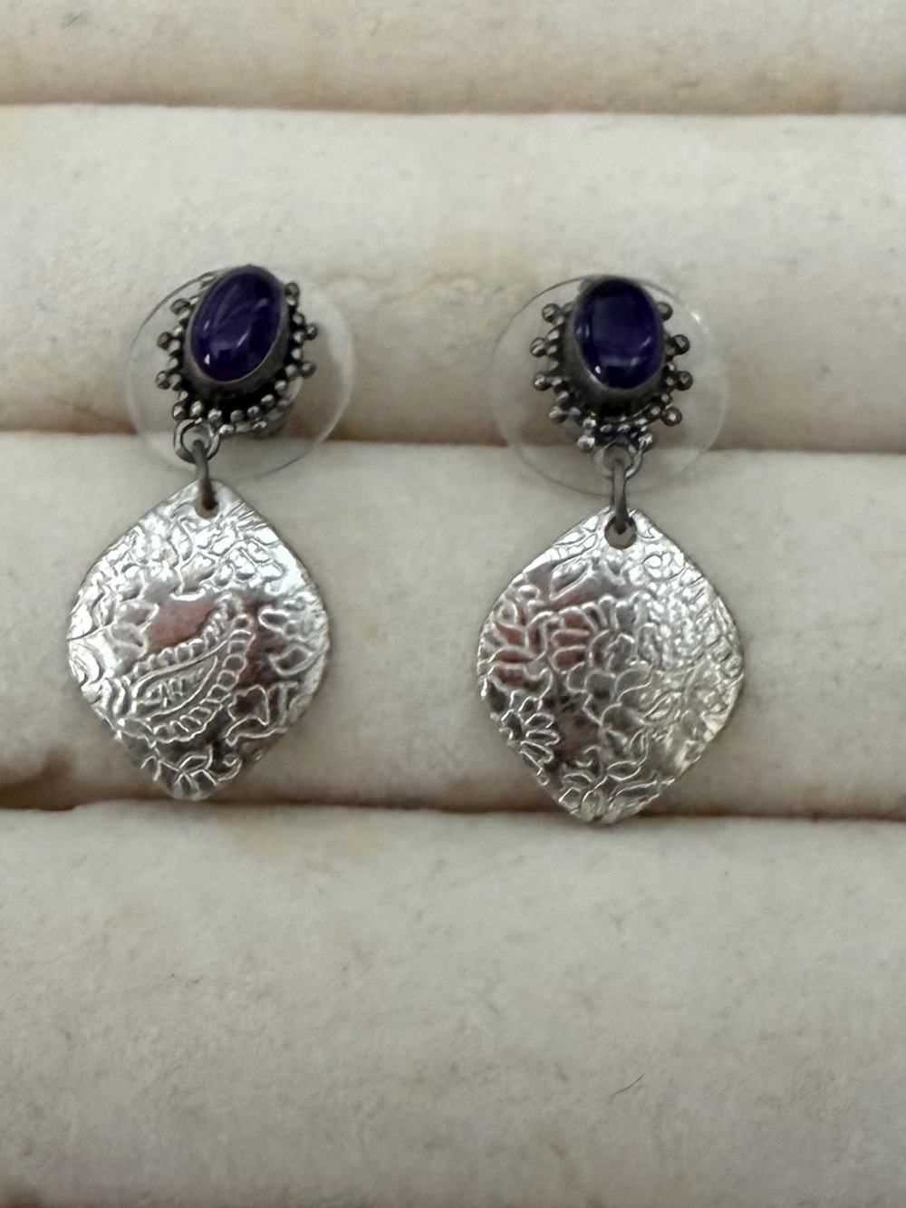 Silver Drop Earrings with Purple Stone Accent - Women's Jewelry